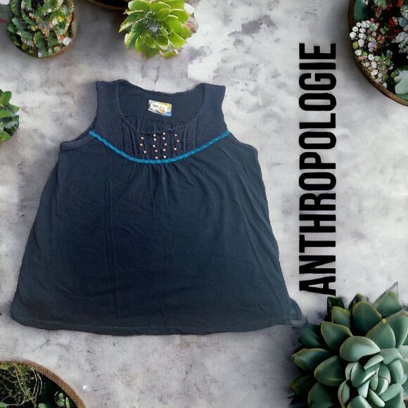 Anthropologie Meadow Rue Linen Crochet Hem Tank Black Size M‎ - Picture 1 of 7